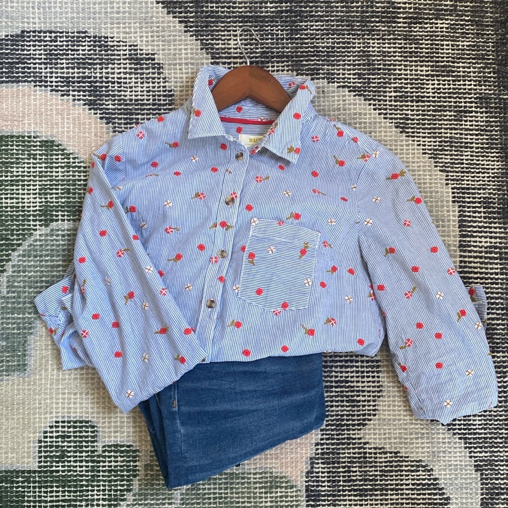 ANTHROPOLOGIE | Maeve blue white striped button-up shirt w/ embroidered flowers - Picture 3 of 11